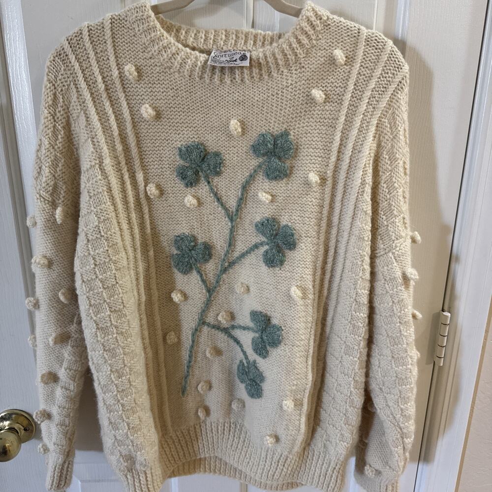 VTG 90s Irish Hand Knit Cooleen Wool Sweater Cream Shamrock Sz L Cottagecore